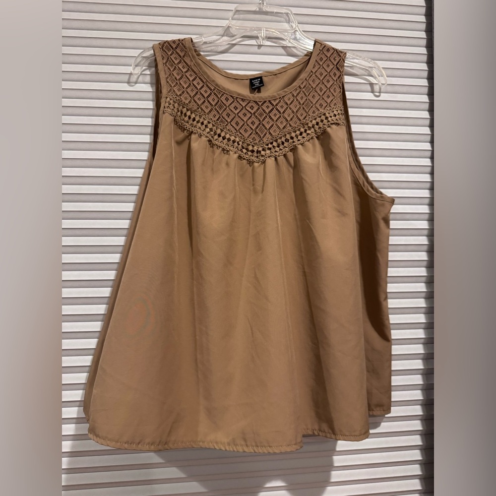 SHEIN Tan Crochet Yoke Sleeveless Blouse
